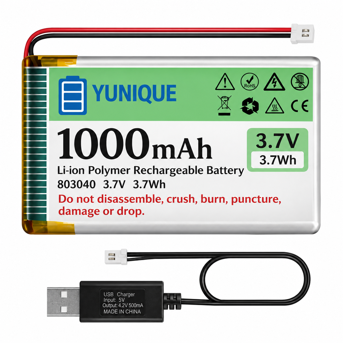 Batteria LiPo 3.7V 1000mAh 803040 con Micro JST 1.25 + Caricatore USB – Batteria Ricaricabile 1S per Arduino, ESP32, Drone, Moduli e Progetti Elettronici