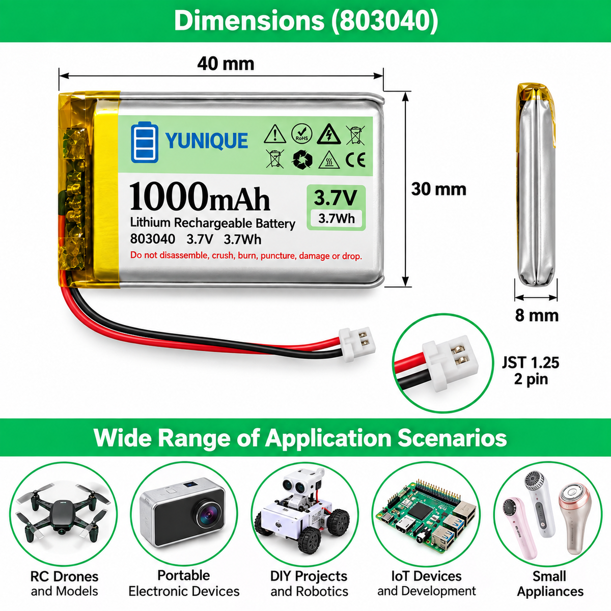 Batteria LiPo 3.7V 1000mAh 803040 con Micro JST 1.25 + Caricatore USB – Batteria Ricaricabile 1S per Arduino, ESP32, Drone, Moduli e Progetti Elettronici