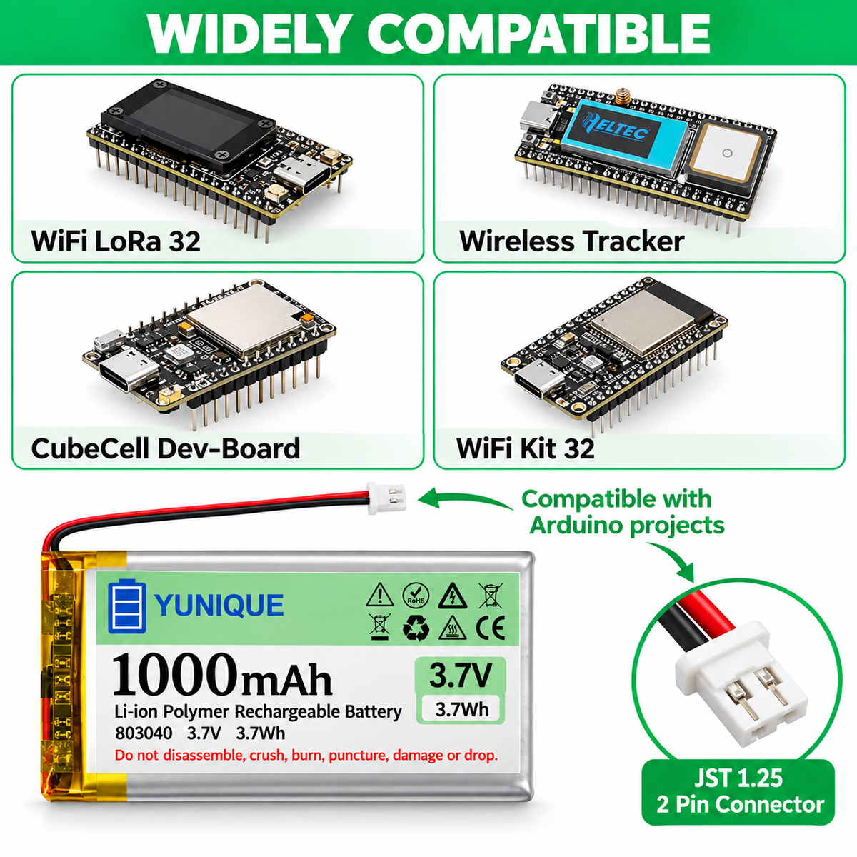 2 Batterie LiPo 3.7V 1000mAh 1S 803040 con Micro JST 1.25 – Batterie Ricaricabili con Protezione per Arduino, ESP32, NodeMCU e Schede di Sviluppo