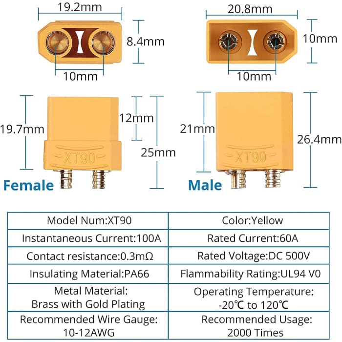 10 Paia Connettori XT90 di Alta qualità, Maschio-Femmina, Connettori per Batterie da Modellismo Rc Lipo.