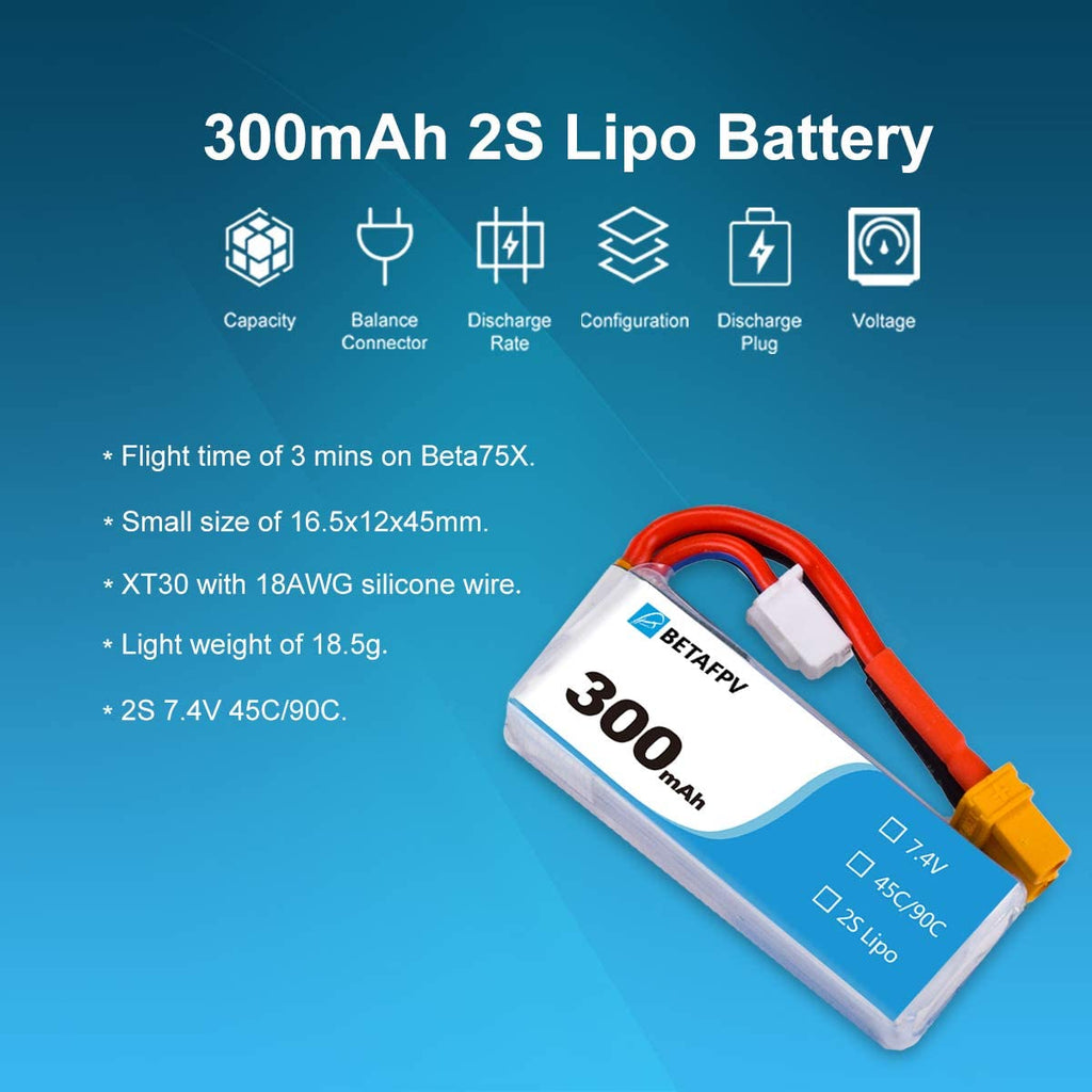 Lipo Batteria 7.4V 300mAh 45C 2S HV Batteria XT30 18AWG Filo di silicone per 2S Whoop.